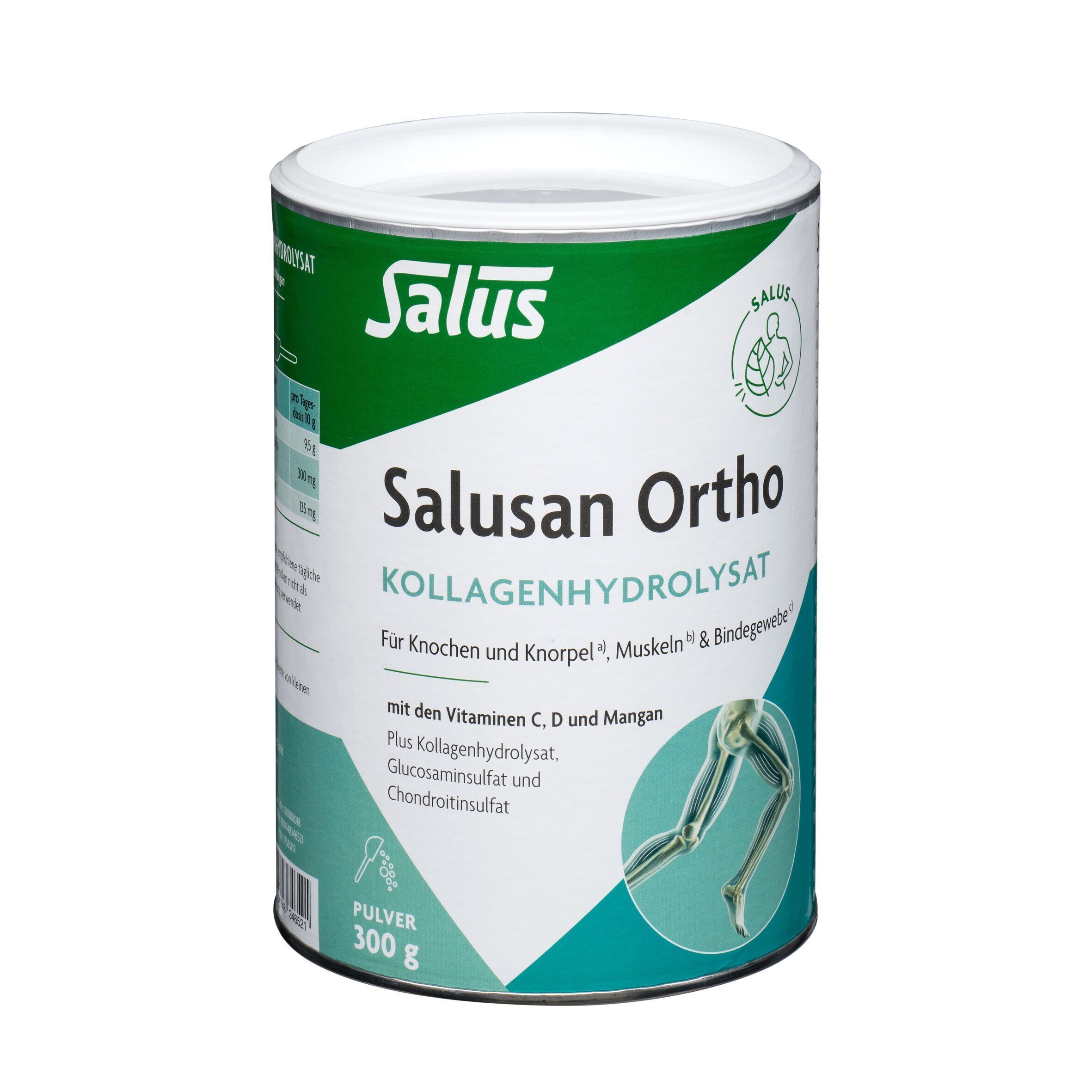 Dose Salusan Ortho Kollagenhydrolysat-Pulver. Text: Für Knochen und Knorpel, Muskeln & Bindegewebe.