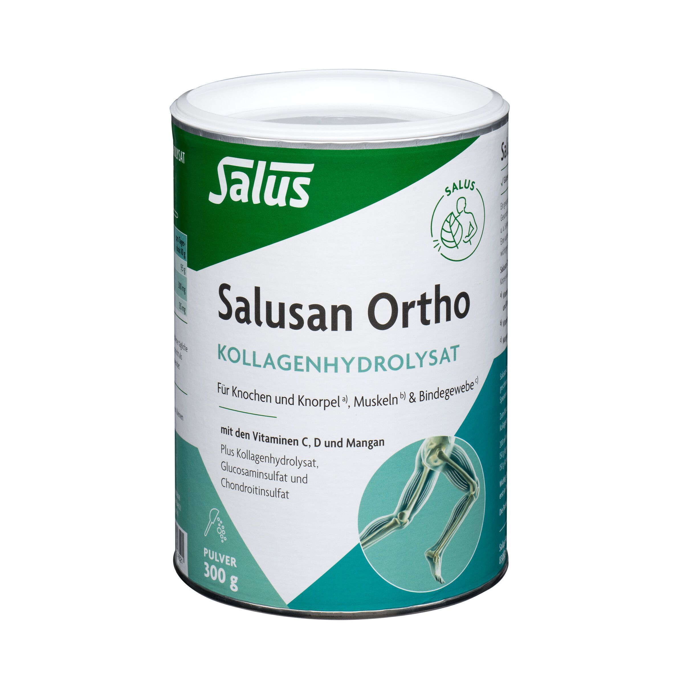 Dose Salusan Ortho Kollagenhydrolysat-Pulver. Text: Für Knochen und Knorpel, Muskeln & Bindegewebe.