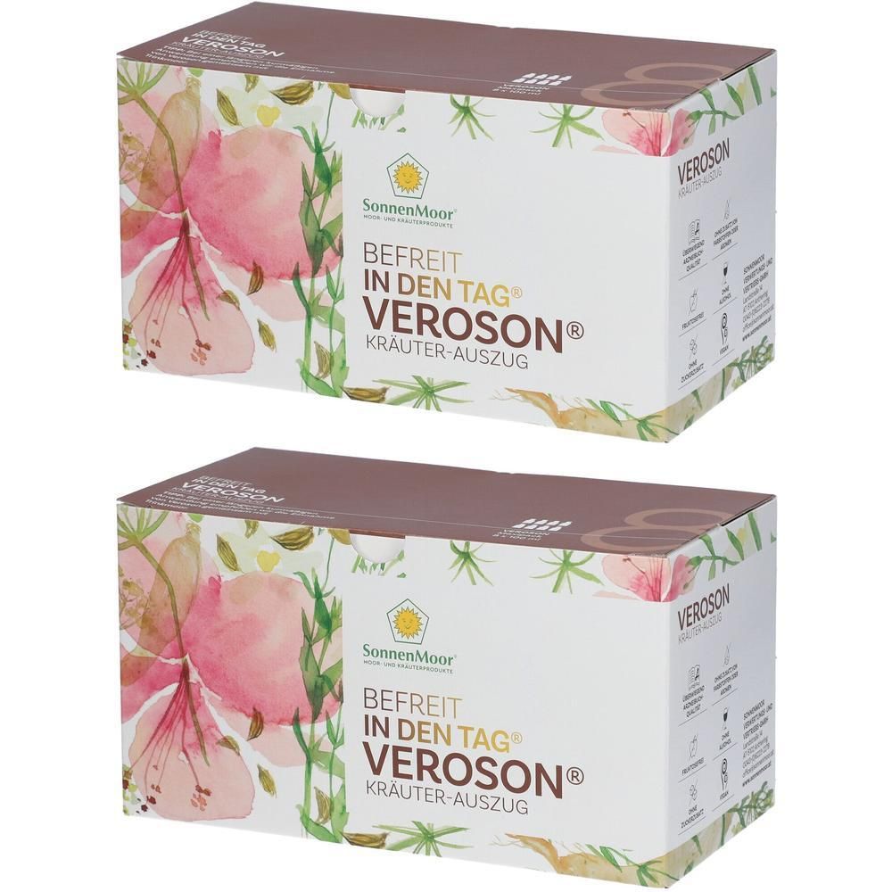 Zwei Packungen SonnenMoor Veroson Kräuter-Auszug mit floralem Design.