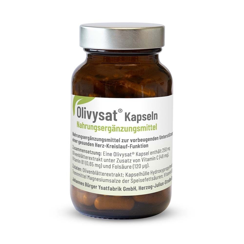 Braunglasflasche mit Olivysat Kapseln, silbernem Schraubverschluss und Etikett mit Produktinformationen.