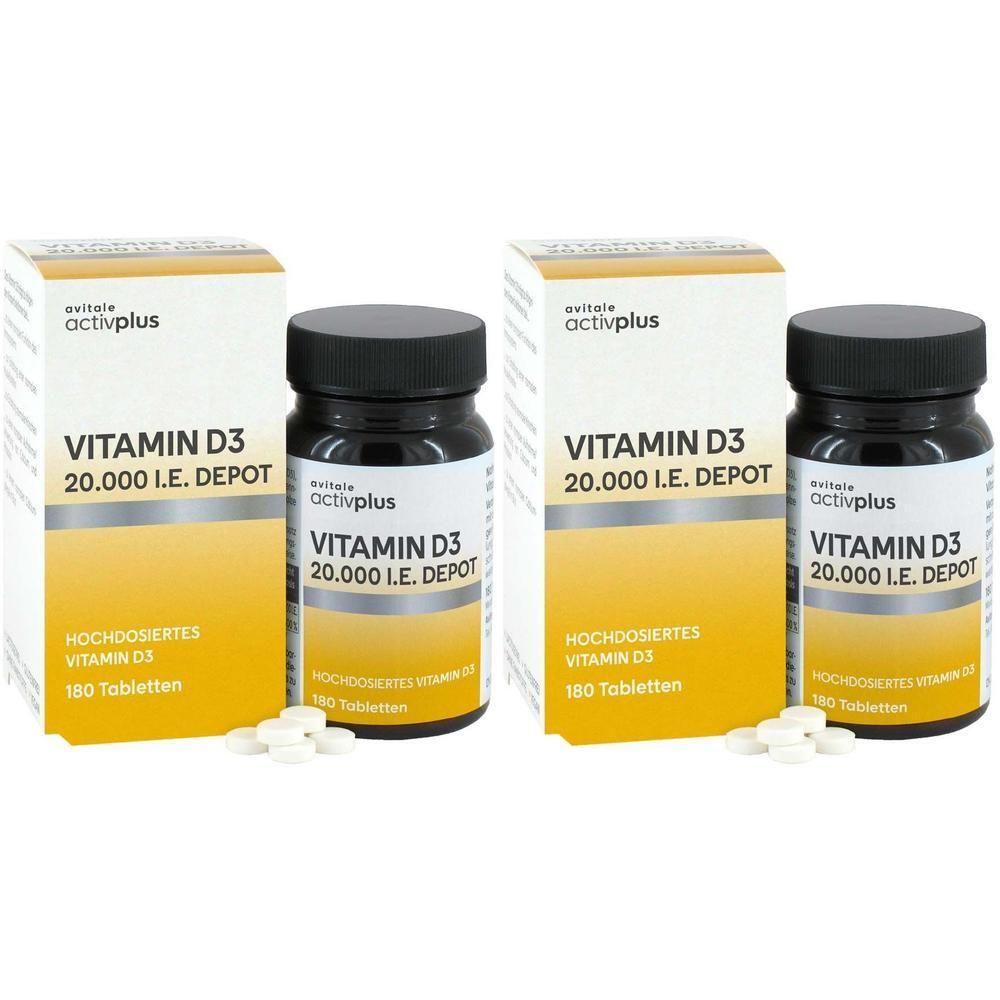 Zwei Packungen Vitamin D3 20.000 I.E. Depot Tabletten mit je 180 Tabletten.