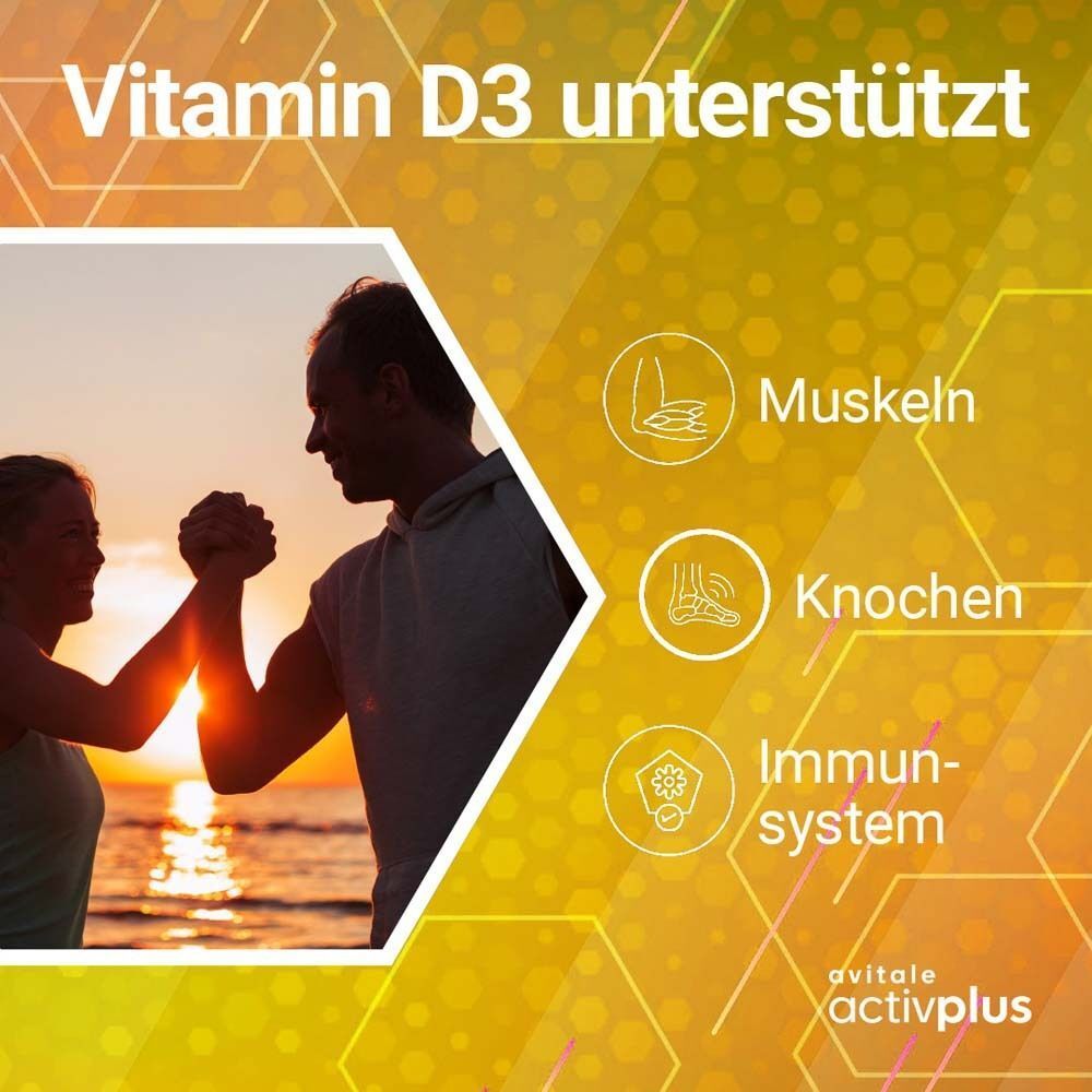 Vitamin D3 unterstützt Muskeln, Knochen und Immunsystem. Grafik mit Paar am Strand.