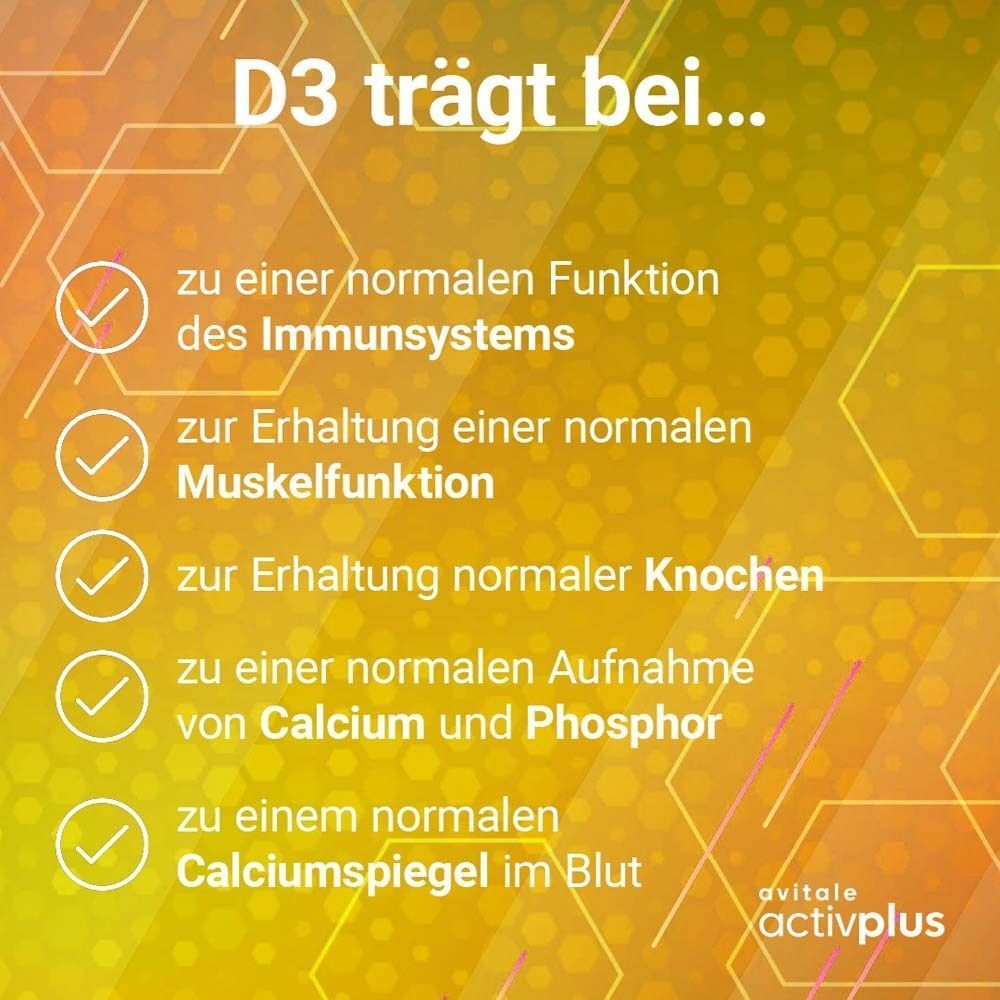 Vitamin D3 trägt zu normalen Funktionen von Immunsystem, Muskeln und Knochen bei.