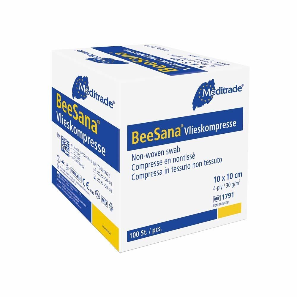 Karton mit Kompressen. Aufschrift: BeeSana Vlieskompresse, 10 x 10 cm, 100 Stk. pro Packung.