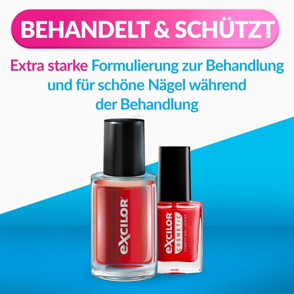 Zwei Flaschen EXCILOR, eine rot, eine schwarz. Text: Behandelt & schützt. Extra starke Formulierung für schöne Nägel.
