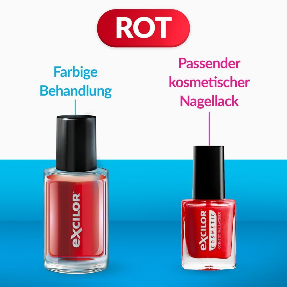 Zwei Flaschen EXCILOR, eine rot, eine schwarz. Text: Farbige Behandlung, passender kosmetischer Nagellack. Rot.