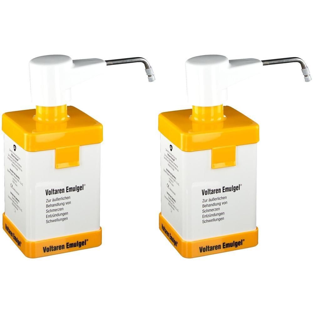Zwei Spendergehäuse. Weißer Behälter mit gelbem Deckel und Boden. Aufschrift Voltaren Emulgel.
