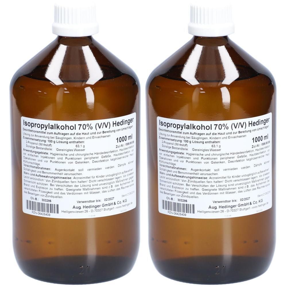 Zwei braune Glasflaschen mit Isopropylalkohol 70% (V/V) Heding. Beide Flaschen enthalten 1000 ml.