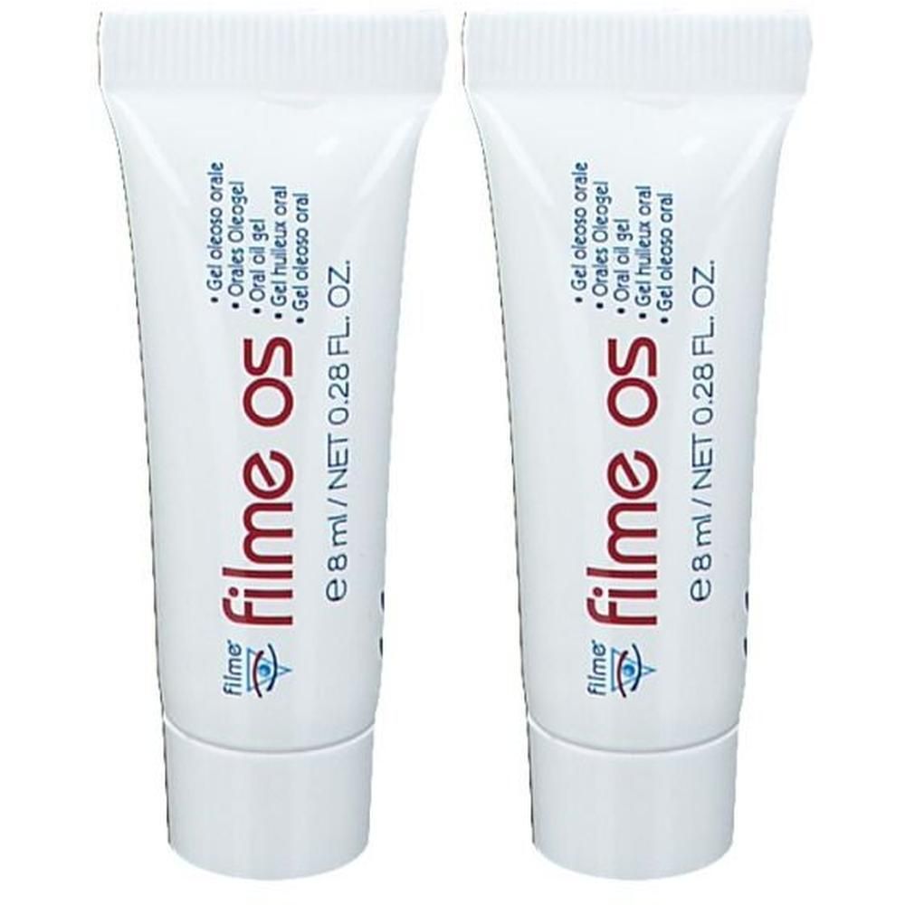 Zwei weiße Tuben mit roter Aufschrift „filme os“. Text in mehreren Sprachen. Inhalt: 8 ml.