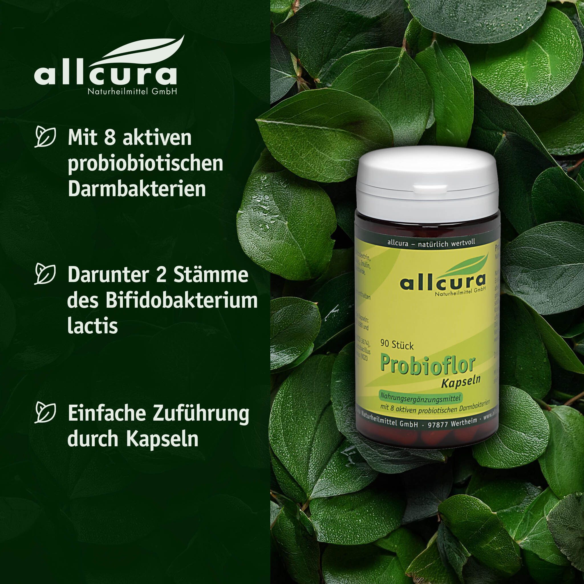 Eine Flasche ProBio-Flor Kapseln vor grünem Hintergrund. Text: Mit 8 aktiven probiotischen Darmbakterien, 2 Stämme Bifidobacterium lactis.