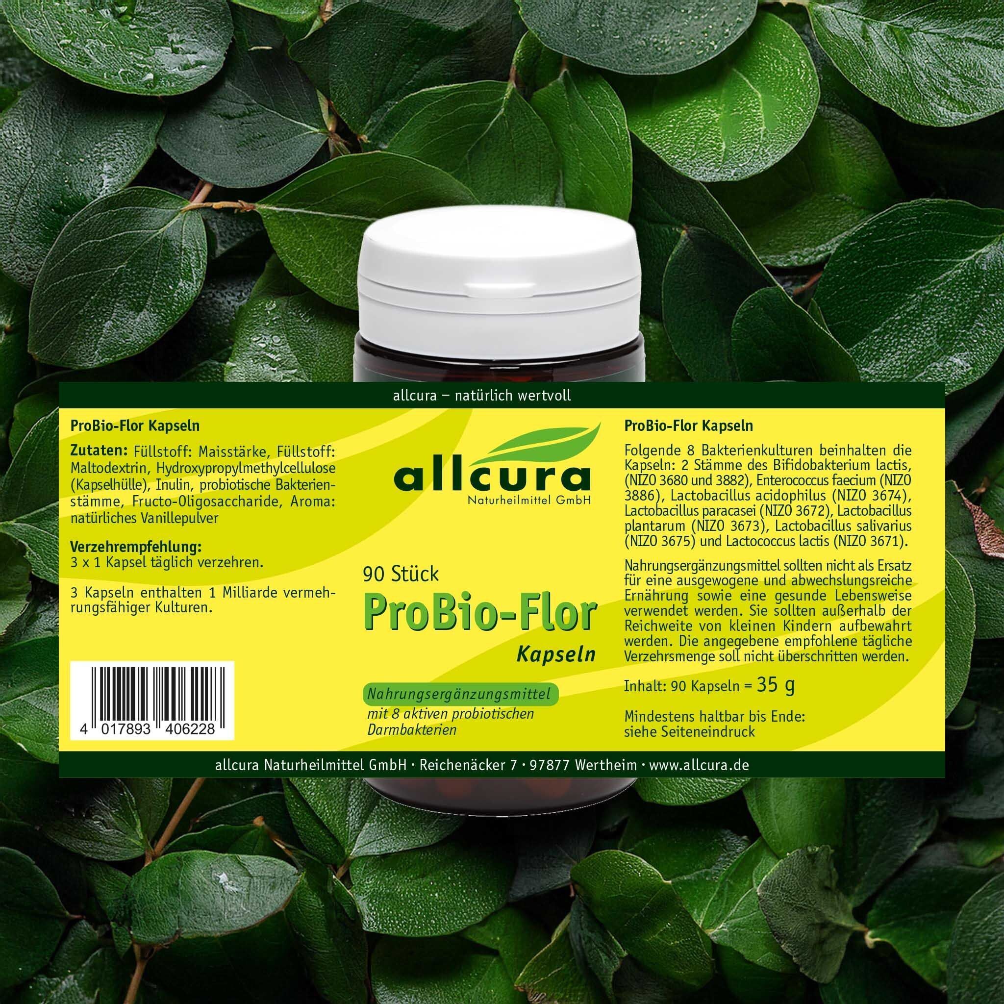ProBio-Flor Kapseln Flasche mit Etikett. Etikett mit Zutaten, Verzehrempfehlung und Inhaltsangabe. Aufschrift: allcura, 90 Stück ProBio-Flor Kapseln.