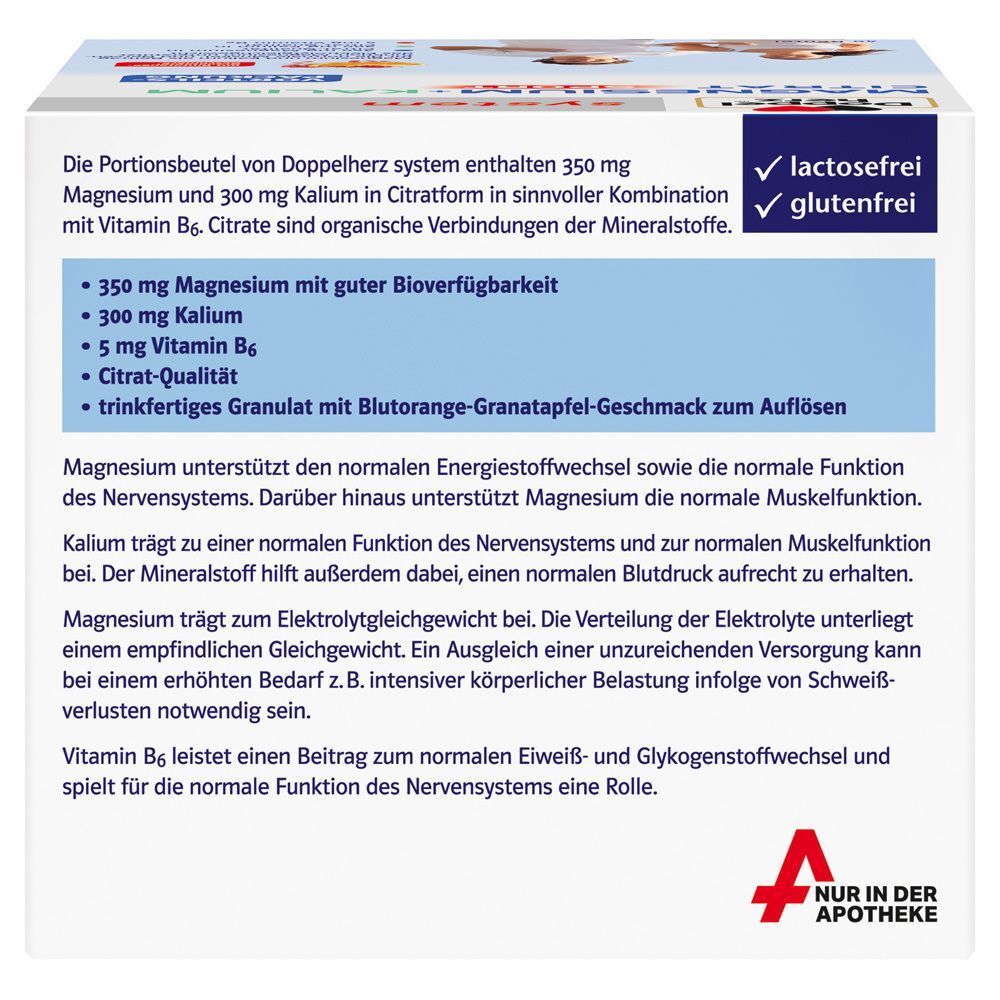 Rückseite der Packung DOPPELHERZ Magnesium+Kalium Citrat. Textinformationen zu Inhaltsstoffen und Eigenschaften. Frei von Laktose und Gluten.