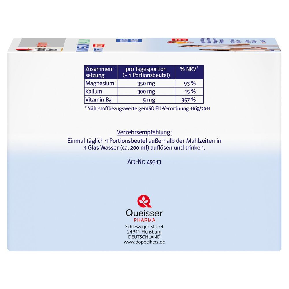 Packungsunterseite DOPPELHERZ Magnesium+Kalium Citrat. Nährwerttabelle mit Magnesium, Kalium und Vitamin B6. Verzehrempfehlung.