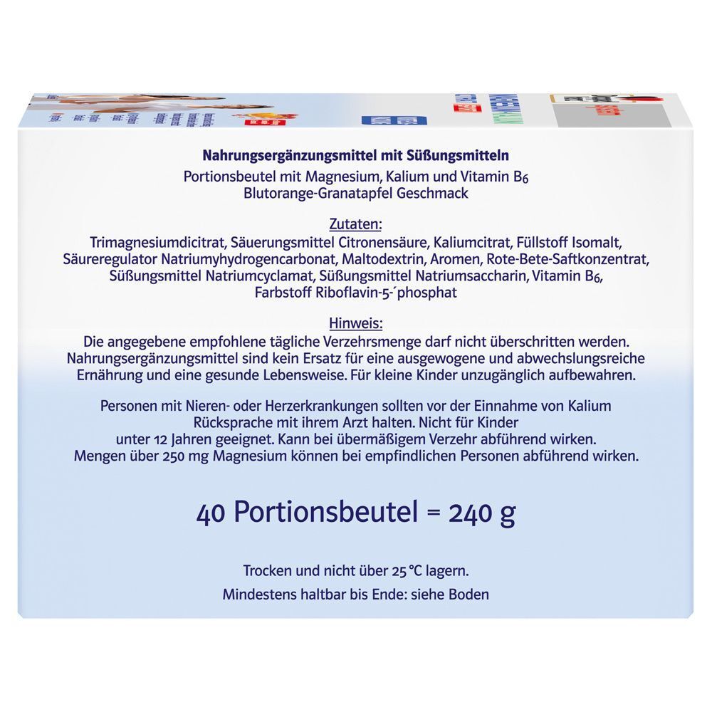 Packungsunterseite DOPPELHERZ Magnesium+Kalium Citrat. Auflistung der Inhaltsstoffe. Hinweis zur empfohlenen Tagesdosis. 40 Portionenbeutel = 240 g.