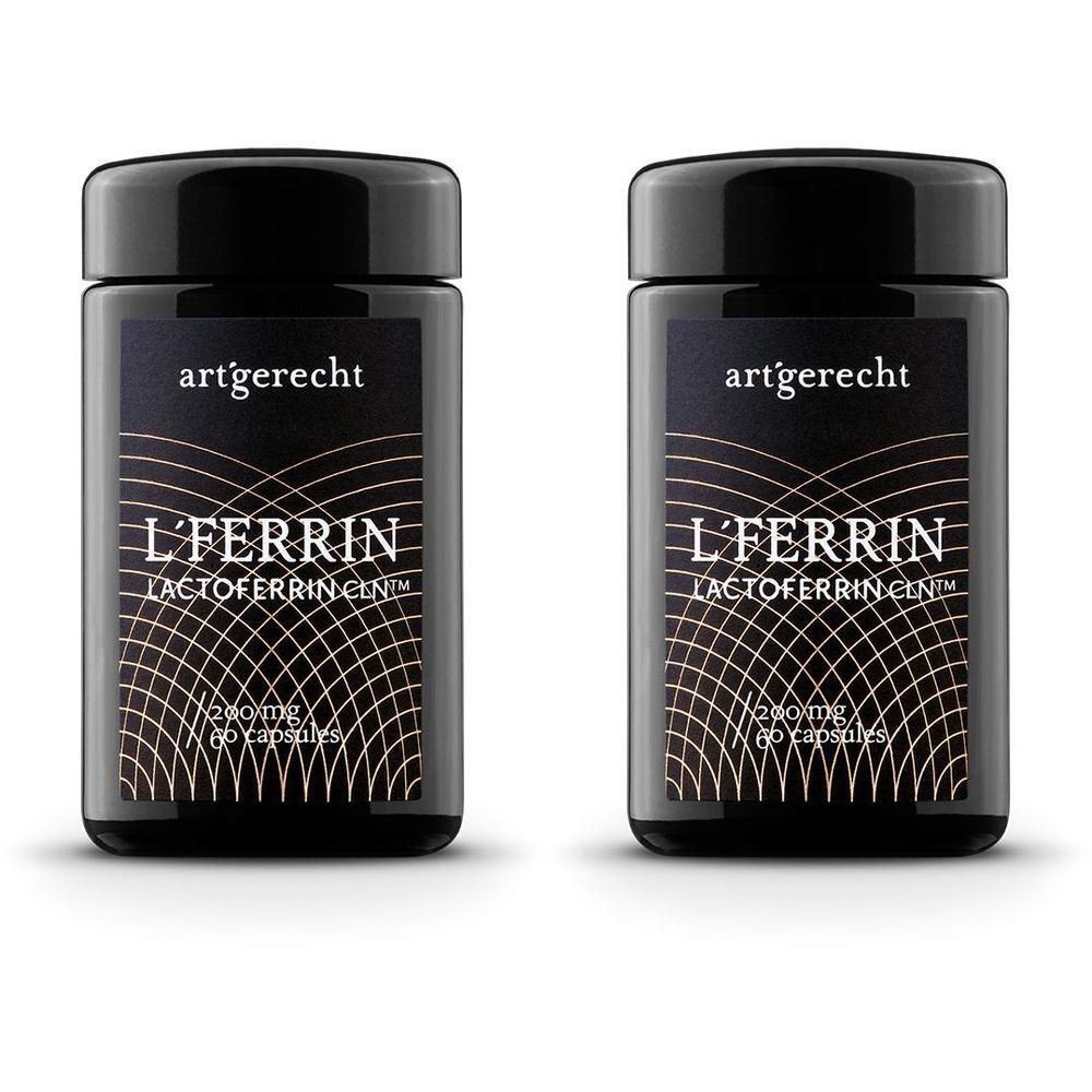 Zwei schwarze Flaschen mit Etiketten. Aufschrift: L'FERRIN LACTOFERRIN CIN. Artgerecht. 60 Kapseln.