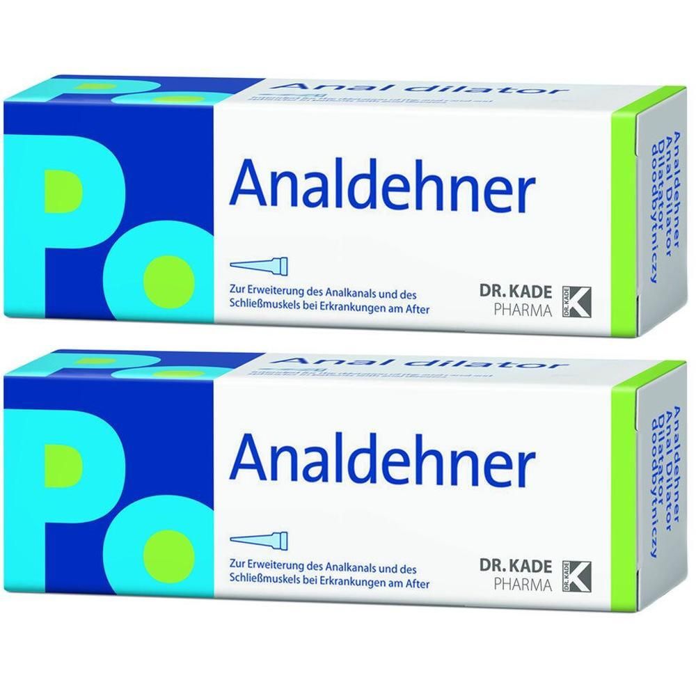 Zwei weiße Schachteln mit blauem und grünem Design. Aufschrift: Analdehner. Logo: DR. KADE PHARMA.
