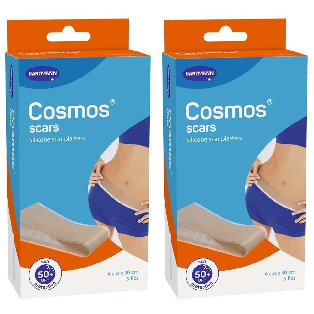 Zwei Packungen Narbenpflaster. Blaue und orangefarbene Verpackung. Aufdruck: Cosmos scars, 4 cm x 30 cm, 5 Stück.