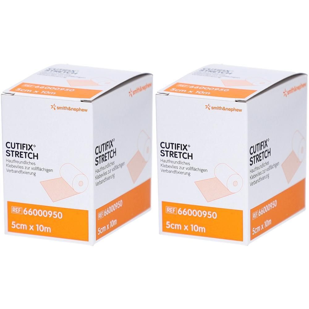 Zwei Kartons mit Cutifix Stretch Klebevlies. Aufdruck: 5 cm x 10 m. Marke Smith & Nephew. Weiß-orange Verpackung.
