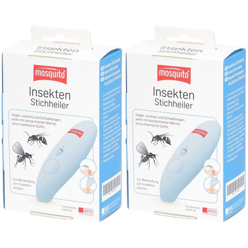 Zwei Packungen Insekten-Stichheiler. Hellblaue Geräte mit rotem Logo. Aufschrift: mosquito Insekten-Stichheiler.