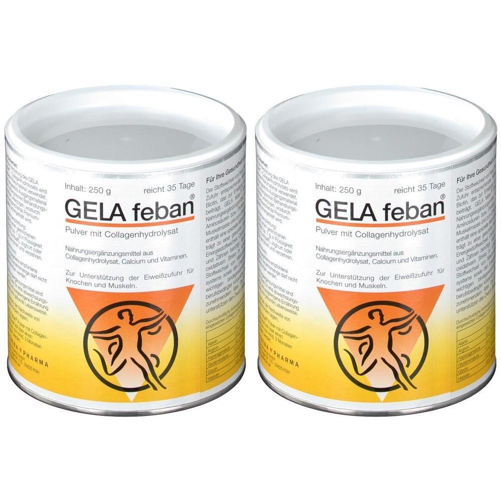 Zwei Dosen GELA feban Pulver mit Collagenhydrolysat. Weiße Dosen mit gelb-orangenem Etikett und Text. Enthält 250g.