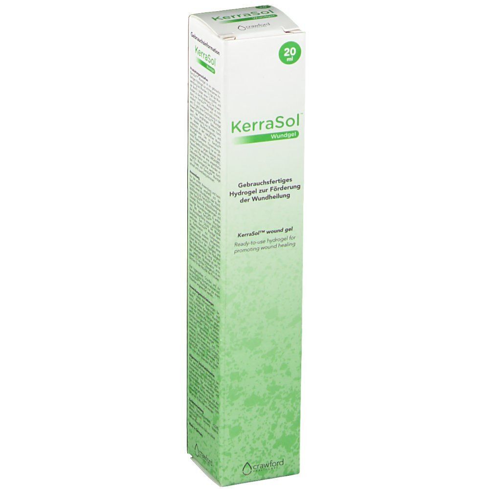 Länglicher Karton mit grünem Farbverlauf. Aufschrift: KerraSol Wundgel. 20 ml. Gebrauchsfähiges Hydrogel zur Förderung der Wundheilung.