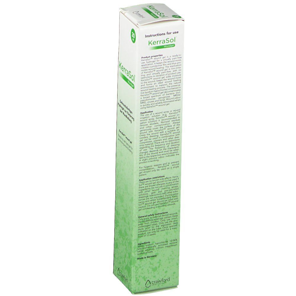 Rückseite eines länglichen Kartons. Text: Gebrauchsinformationen, Anwendung, Inhaltsstoffe. Grüner Farbverlauf. Marke: KerraSol.