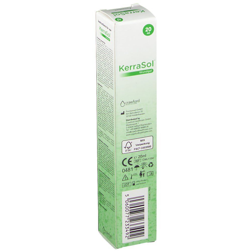 Rückseite eines länglichen Kartons. Text: Hersteller, Chargennummer, CE-Kennzeichnung, Recycling-Symbole. Grüner Farbverlauf. Marke: KerraSol.