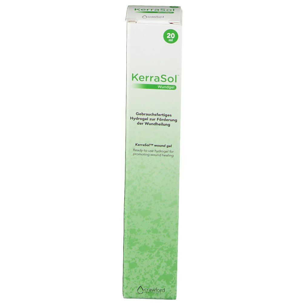 Länglicher Karton mit grünem Farbverlauf. Aufschrift: KerraSol Wundgel. 20 ml. Gebrauchsfähiges Hydrogel zur Förderung der Wundheilung.