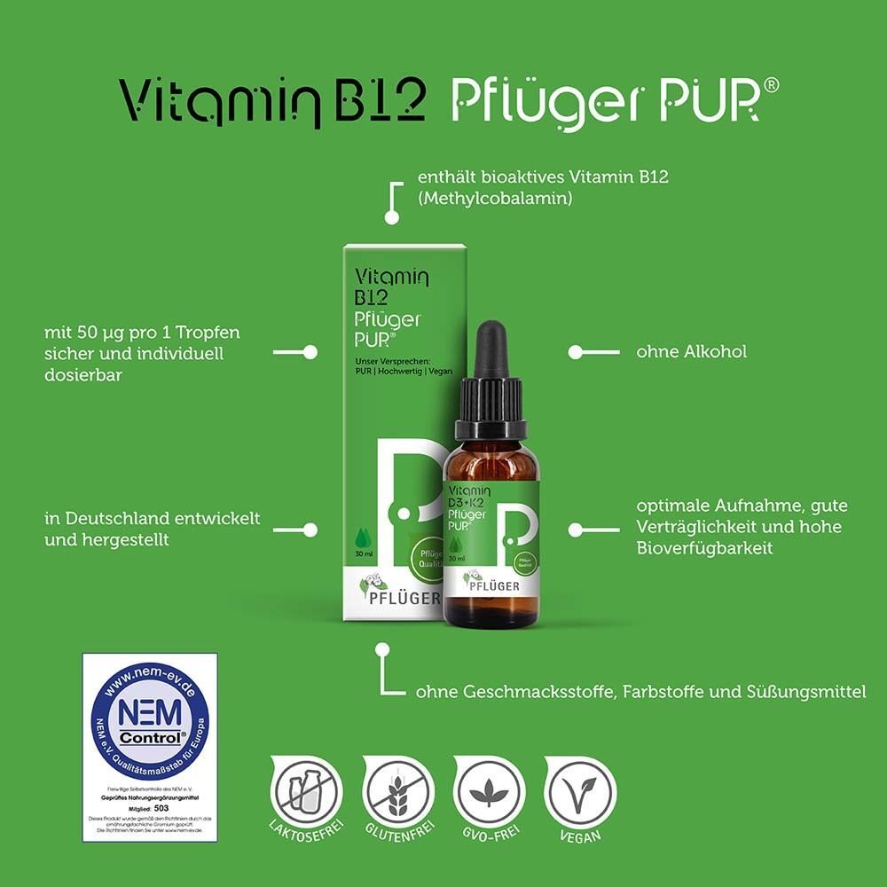 Flasche und Verpackung von Vitamin B12 Pflüger PUR mit Informationen zu Inhaltsstoffen und Siegeln.
