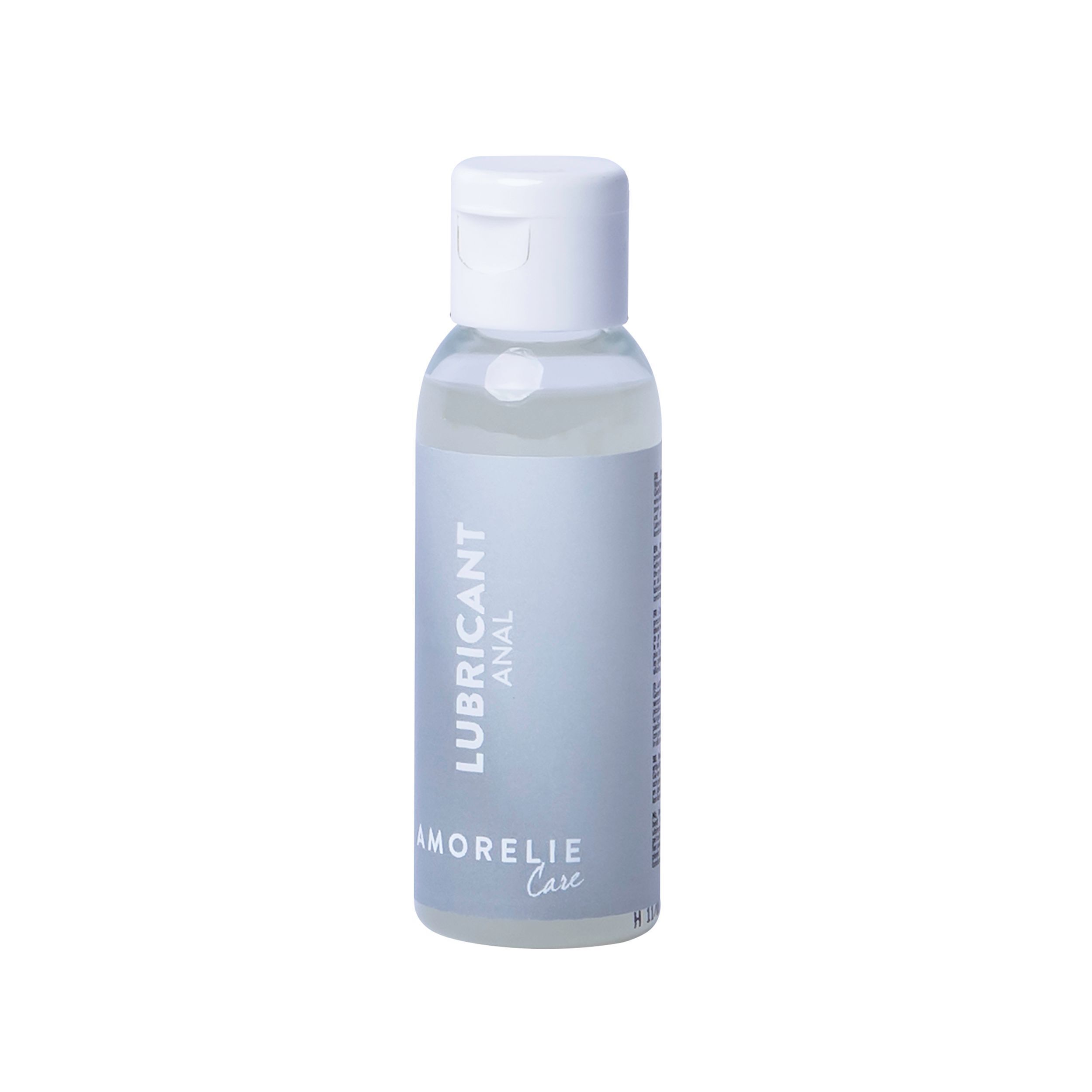 Eine Flasche mit weißem Deckel und grauer Etikettierung. Aufschrift: LUBRICANT ANAL, AMORELIE Care.