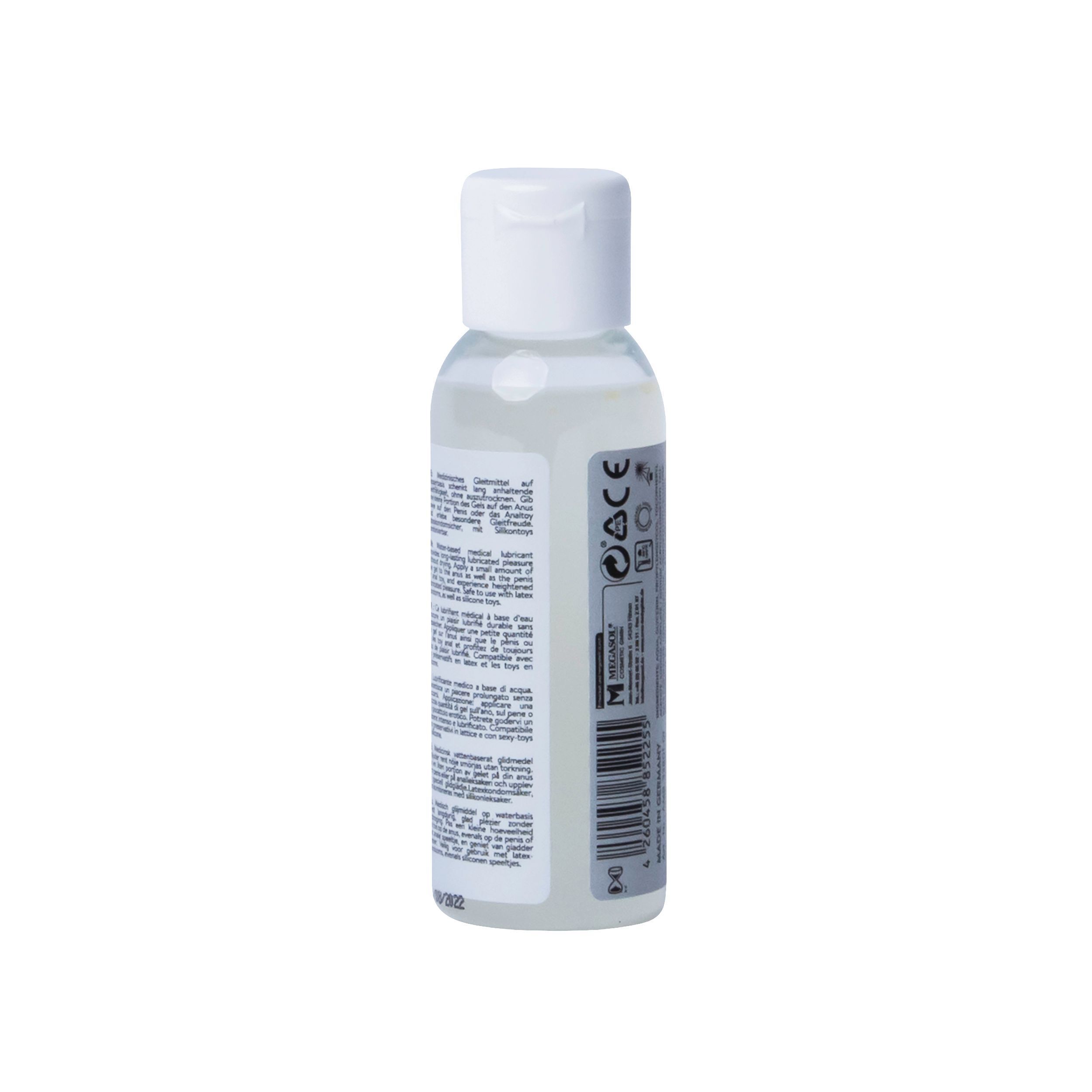 Flasche mit weißem Deckel. Rückseite mit Text und Barcode.