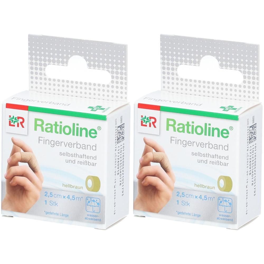 Zwei Packungen Ratioline Fingerverband. Selbsthaftend, hellbraun. Größe: 2,5cm x 4,5m. 1 Stück pro Packung. Aufdruck: Fingerverband, Marke Ratioline.