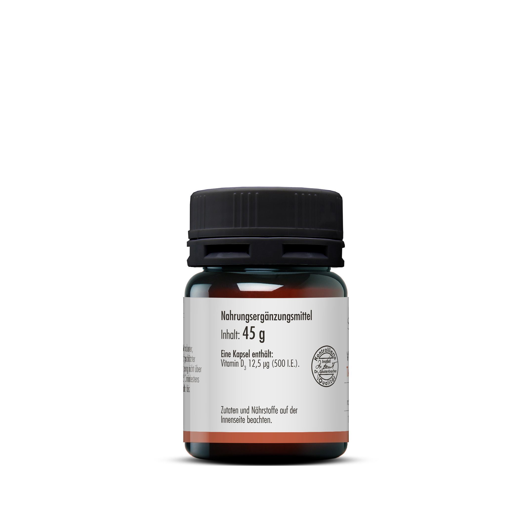 Eine Flasche SOVITA CARE Vitamin D Tabletten. Rückseite mit Informationen: 45 g, Vitamin D 12,5 µg (500 I.E.). Braune Glasflasche mit schwarzem Deckel.