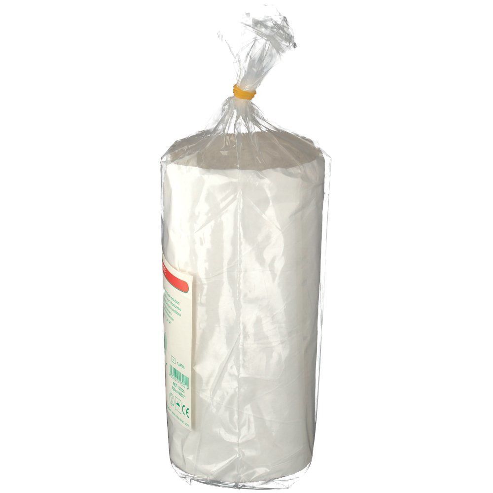 Polsterwatte gerollt in transparenter Verpackung. Aufdruck mit Produktname und Maßen. Gelber Gummiring.