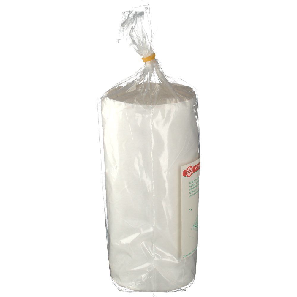 Gerollte Polsterwatte in transparenter Verpackung. Aufdruck mit Produktname und Maßen. Gelber Gummiring.