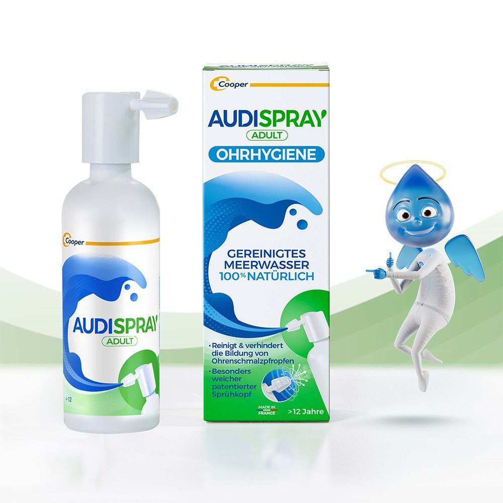 AUDISPRAY Adult Flasche und Verpackung. Weiße Flasche mit Sprühkopf, blaue Wellen-Grafik. Verpackung mit Produktnamen. Cartoon-Figur.