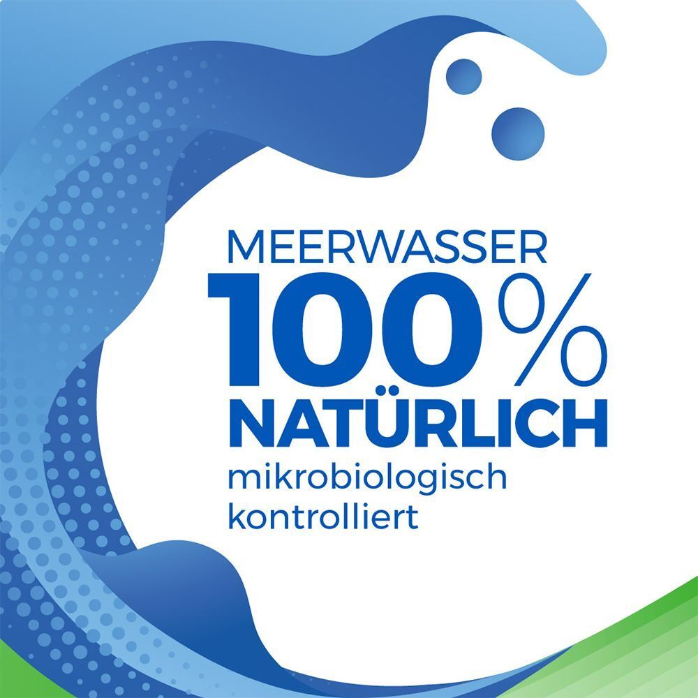 Grafik mit blauen Wellen und Text: Meerwasser 100% natürlich, mikrobiologisch kontrolliert.