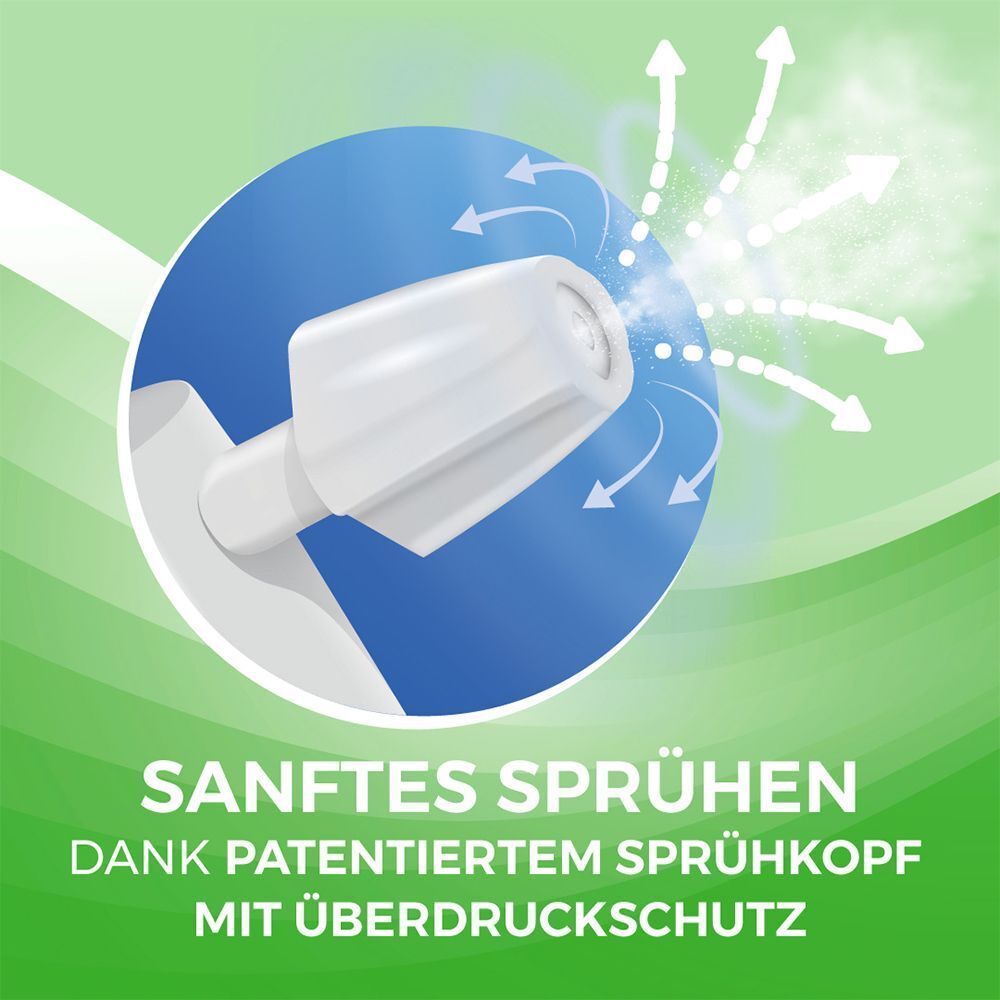 Nahaufnahme des Sprühkopfes. Text: Sanftes Sprühen dank patentiertem Sprühkopf mit Überdruckschutz.
