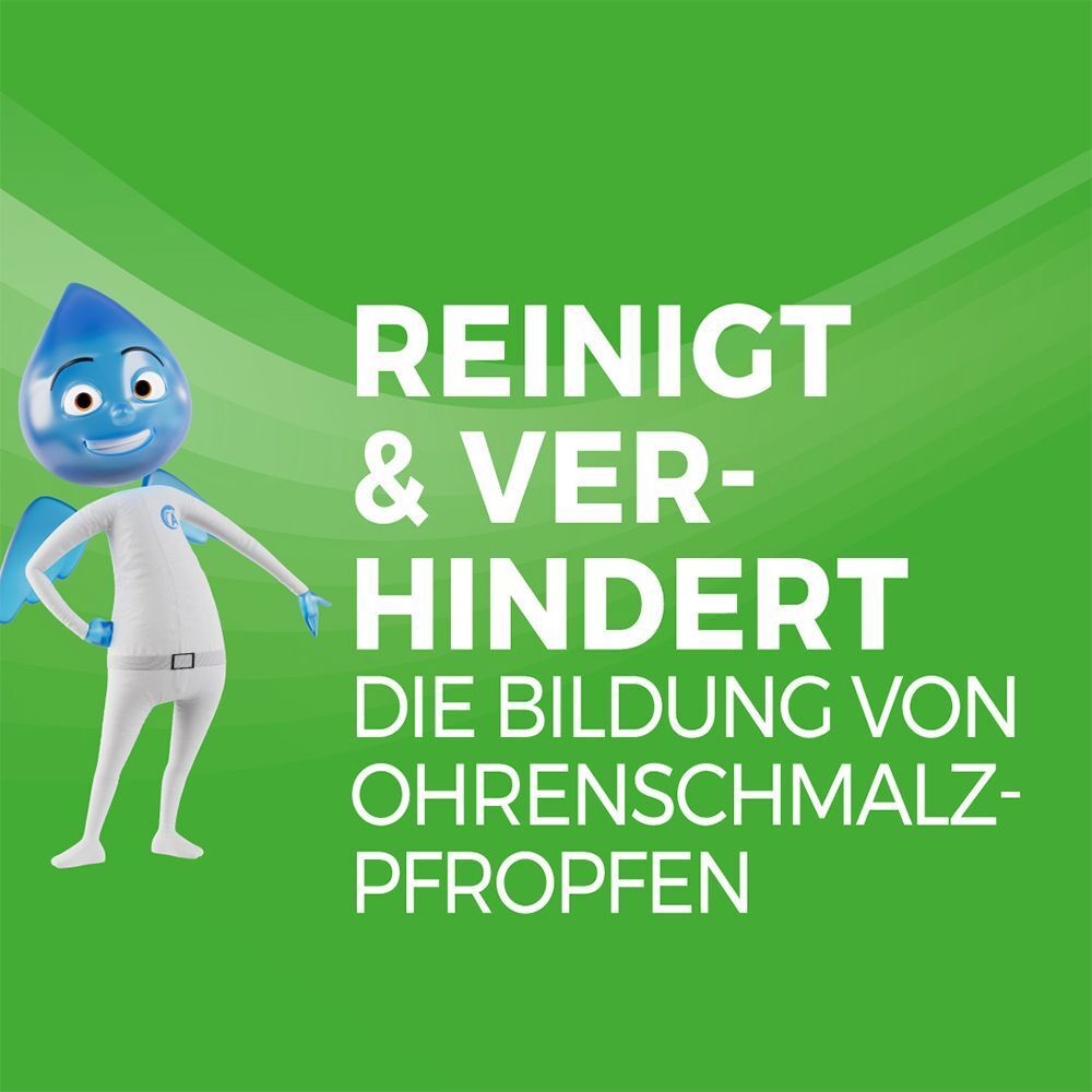 Cartoon-Figur mit Text: Reinigt & verhindert die Bildung von Ohrenschmalzpfropfen.