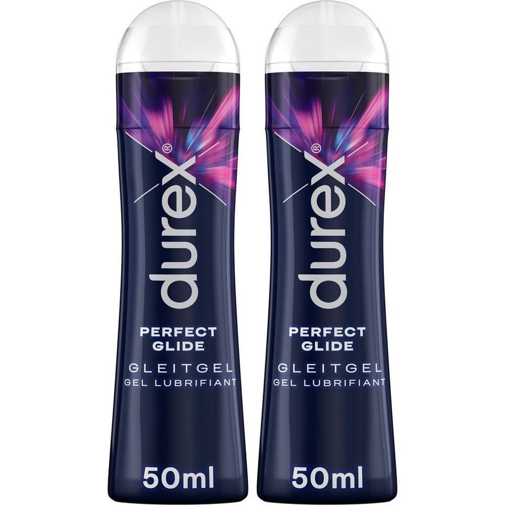 Zwei Flaschen mit weißem Deckel. Aufschrift: durex, Perfect Glide, Gleitgel, Gel Lubrifiant, 50ml.