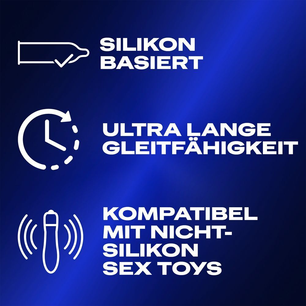 Grafik mit Text: Silikonbasiert, Ultra lange Gleitfähigkeit, Kompatibel mit nicht-Silikon Sex Toys.