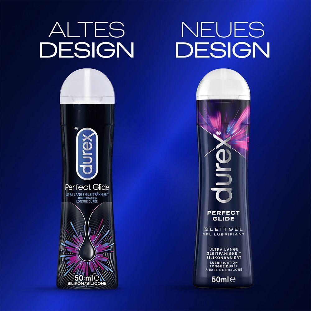 Vergleich: Altes Design und Neues Design. Beide Flaschen: durex, Perfect Glide, Gleitgel, 50ml.