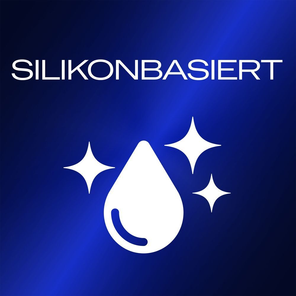 Grafik mit Text: Silikonbasiert. Tropfen mit Sternen.