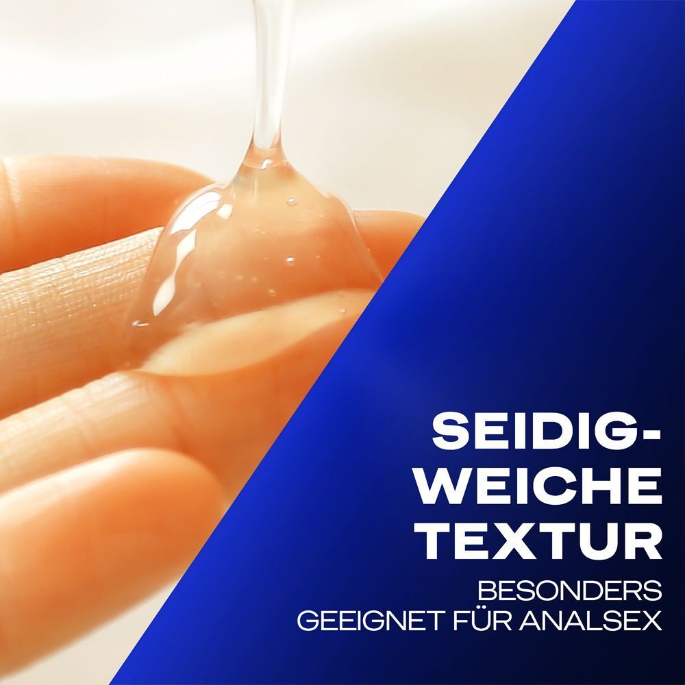 Gel auf Hand. Text: Seidig-weiche Textur. Besonders geeignet für Analsex.