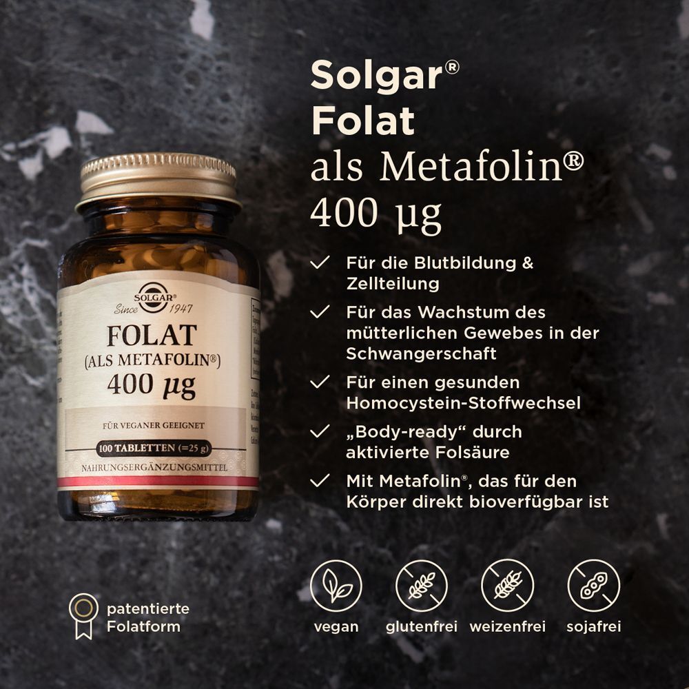 Braune Glasflasche mit goldfarbenem Deckel. Text: Solgar Folat als Metafolin 400 µg. Vegan, glutenfrei, weizenfrei, sojafrei.