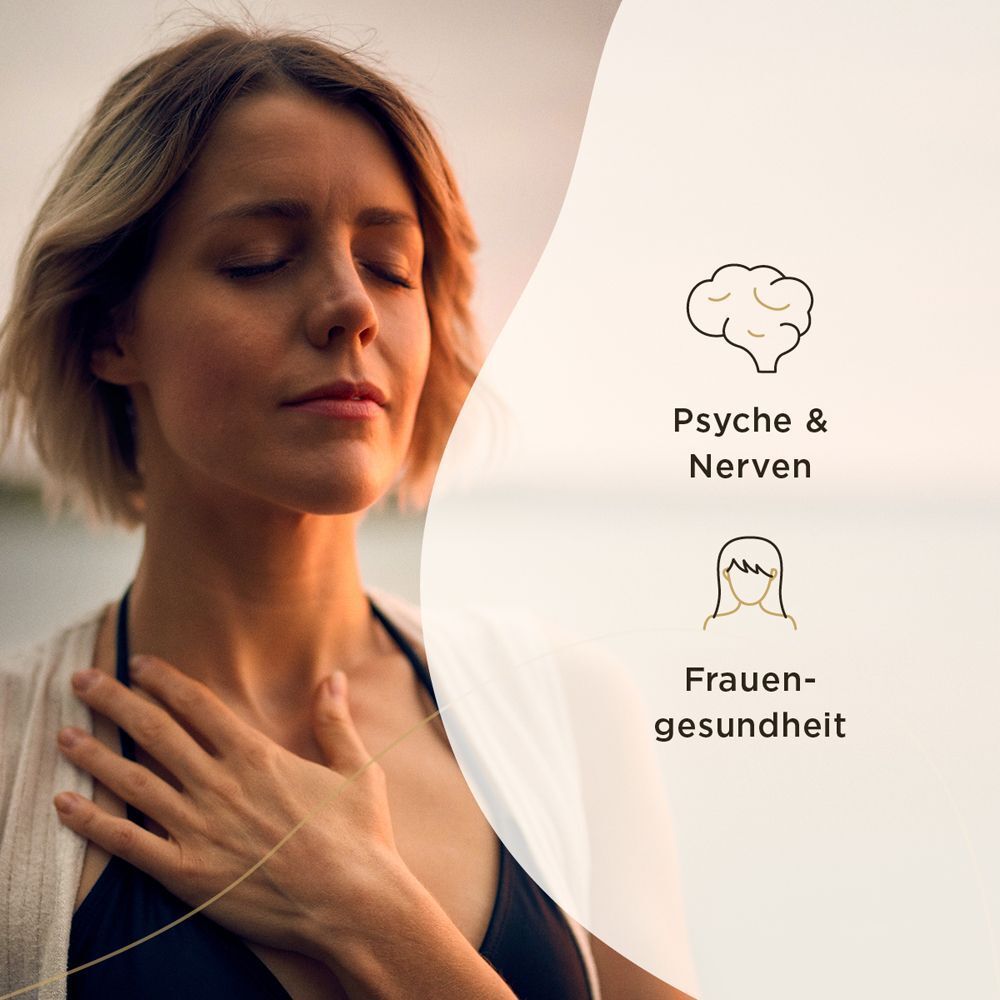 Eine Frau mit geschlossenen Augen und Hand auf der Brust. Grafiken: Gehirn und Text "Psyche & Nerven", Frau und Text "Frauengesundheit".