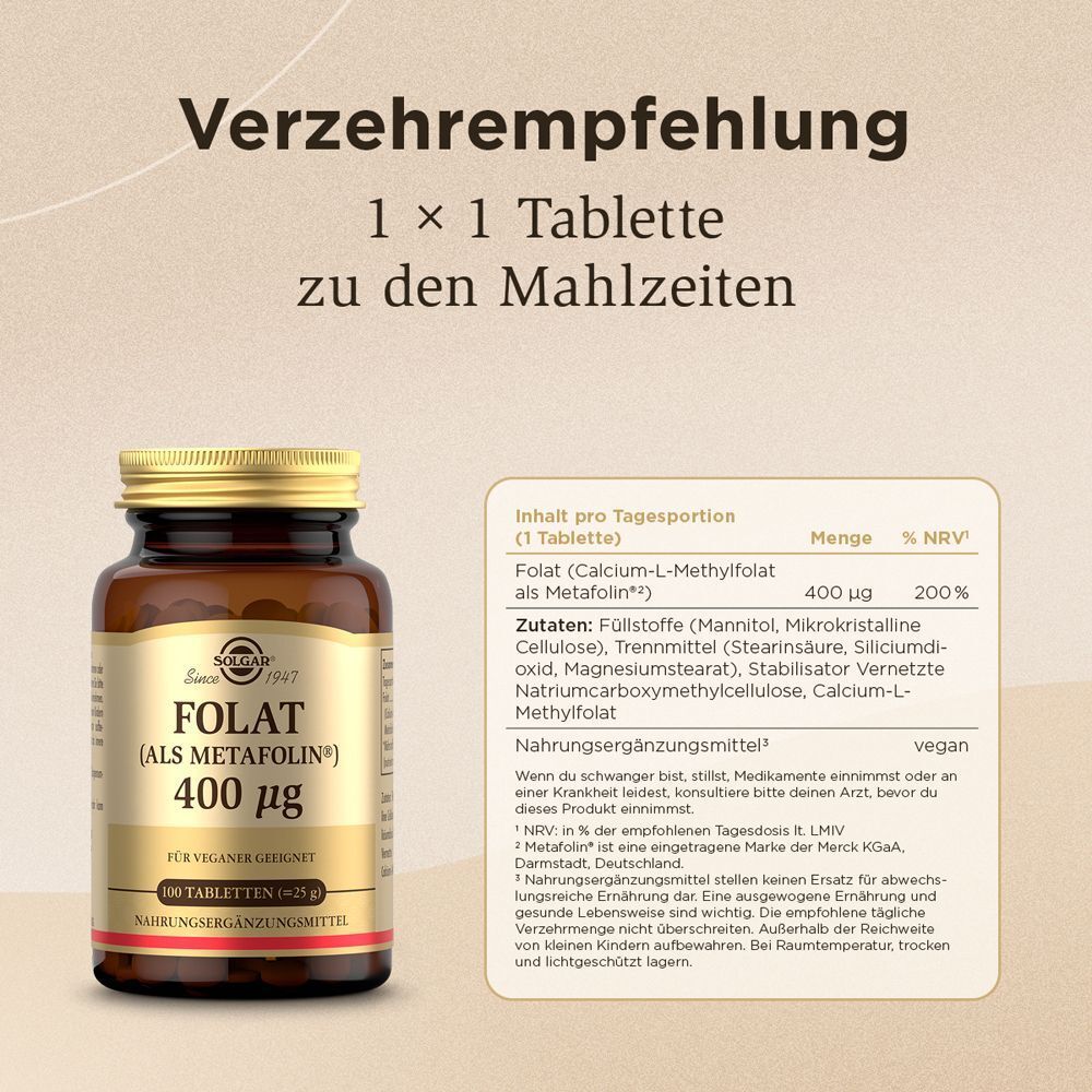 Braune Glasflasche mit goldfarbenem Deckel. Text: FOLAT (ALS METAFOLIN) 400 µg. Tabelle mit Inhaltsstoffen und Verzehrempfehlung.
