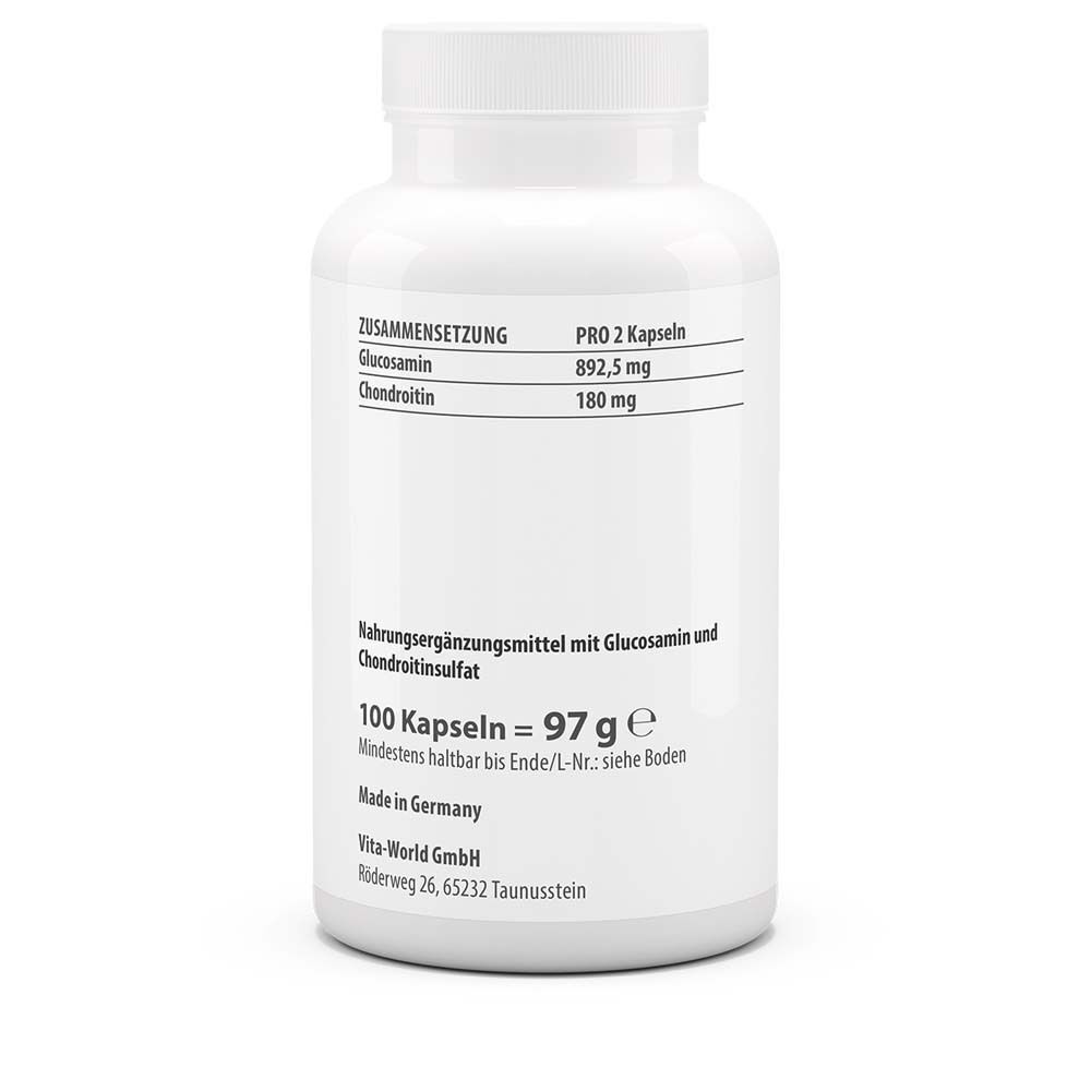Weiße Flasche mit Etikett. Aufschrift: Zusammensetzung, Glucosamin, Chondroitin. Nahrungsergänzungsmittel mit Glucosamin und Chondroitinsulfat. 100 Kapseln = 97 g.
