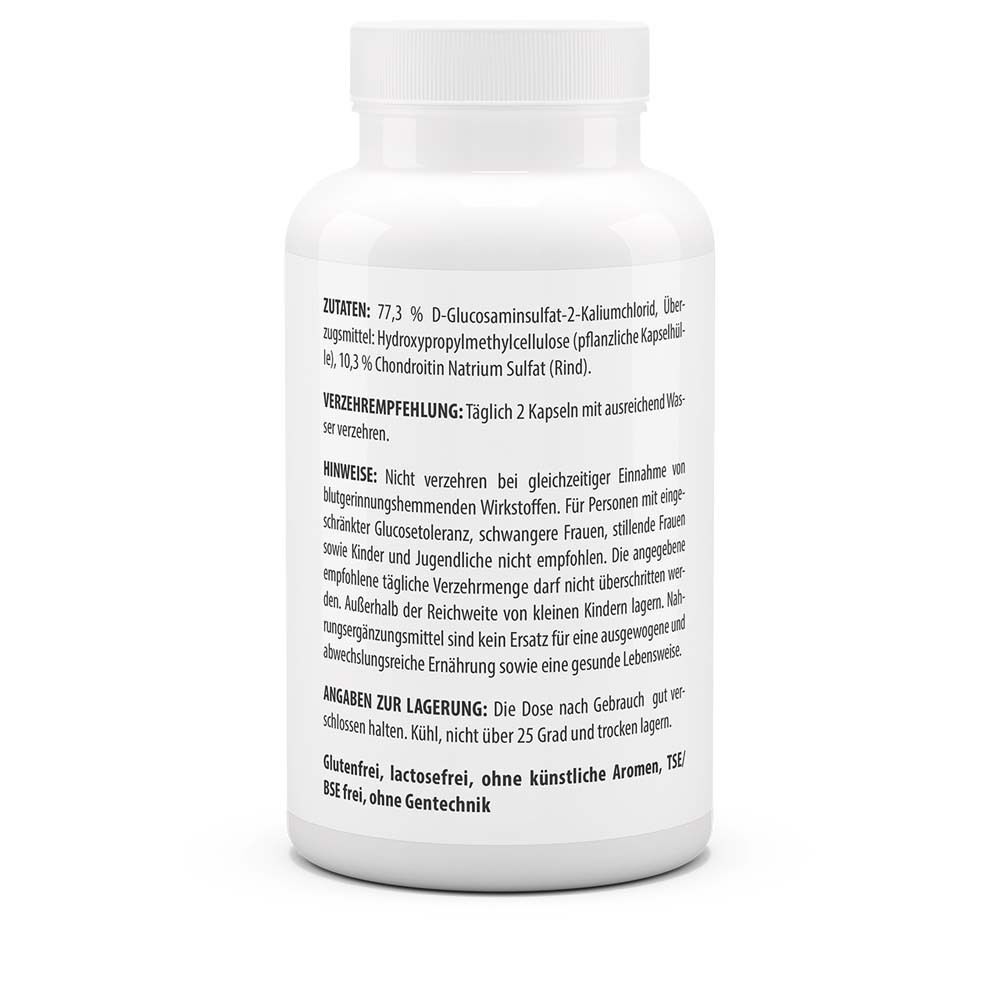Weiße Flasche mit Etikett. Aufschrift: Zutaten, Verzehrempfehlung, Hinweise, Angaben zur Lagerung. Glutenfrei, lactosefrei, ohne künstliche Aromen, TSE frei, ohne Gentechnik.