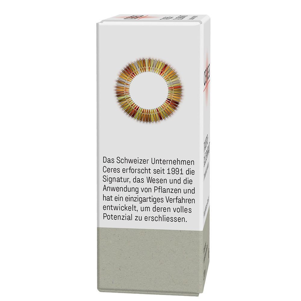 Seite der Faltschachtel mit Informationen über das Schweizer Unternehmen Ceres.